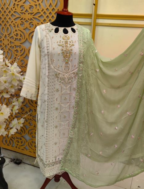 3 Piece - Embroidered Chiffon Stitched Suit Brand & Cottage by W/F