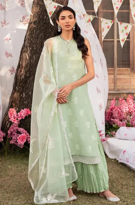 CROSS STITCH CELADON SPRUCE-3 PIECE EMBROIDERED JACQUARD SUIT UNSTITCHED